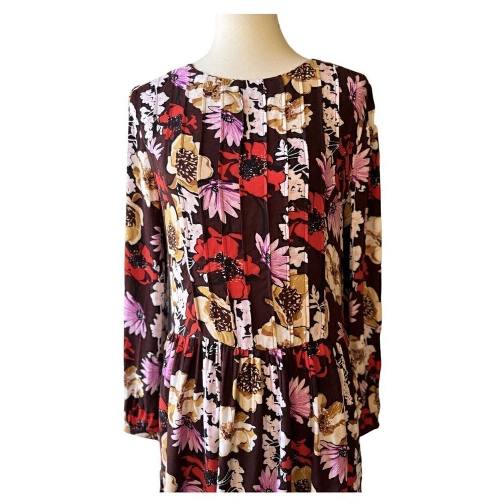 Hinge Women's Pintuck Floral Burgundy Fudge Wild Bouquet Mini Dress Size S - Picture 14 of 16